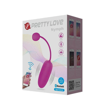 Packaging of Nymph Vibrating Egg with Movil APP showcasing wireless control features and 12 vibration functions.