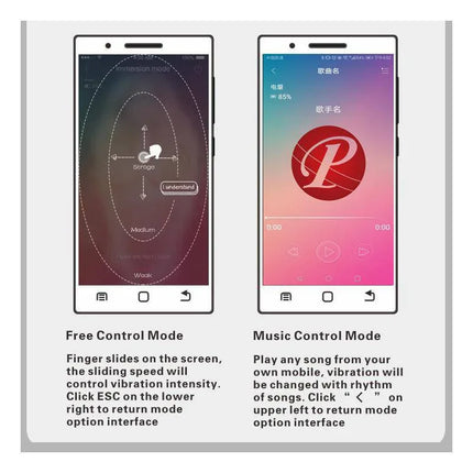 Screenshots of Nymph Vibrating Egg with Movil APP features, including Free and Music Control Modes for customized vibration options.