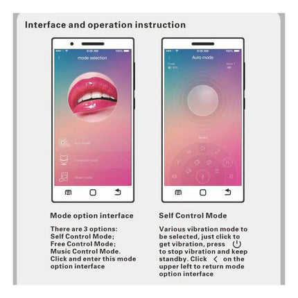 Nymph Vibrating Egg with Movil APP interface showing mode selection and control options for customizable experiences.