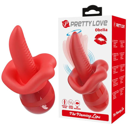 Obelia Stimulator with Vibration and tongue movement in red with packaging displayed, showcasing dual stimulation features.