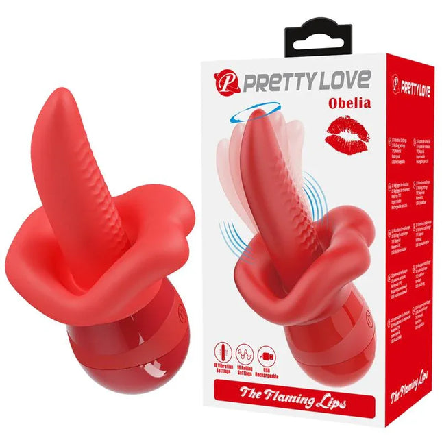 Obelia Stimulator with Vibration and tongue movement in red with packaging displayed, showcasing dual stimulation features.