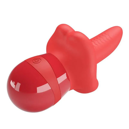 Obelia Stimulator with Vibration and tongue movement in red, featuring 10 vibration modes. USB rechargeable, waterproof for ultimate pleasure.
