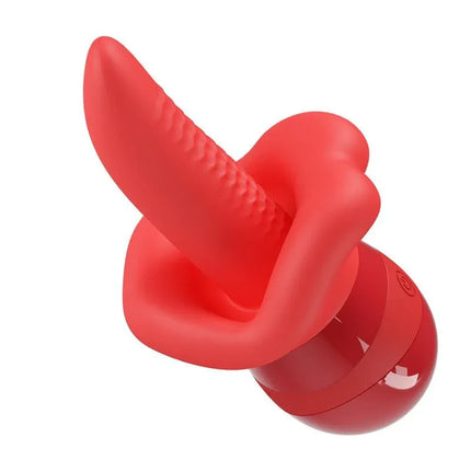 Obelia Stimulator with Vibration and tongue movement in red, featuring dual functionality and fiery lip design.