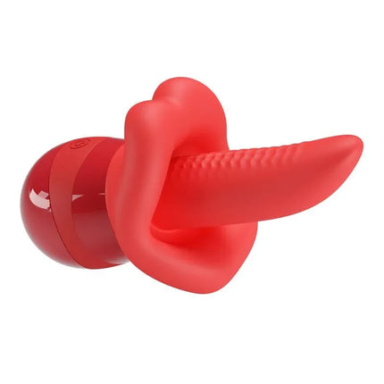 Obelia Stimulator with Vibration and tongue movement in fiery red, featuring dual stimulation with 10 vibration and tongue modes, USB rechargeable.