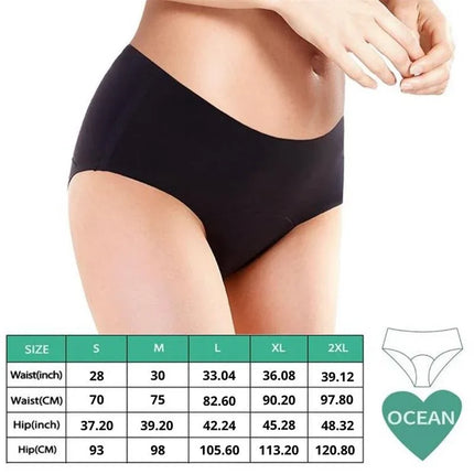Ocean Menstrual Panty Heavy in black, size chart included, designed for heavy flow, postpartum, and incontinence support by Adalet Eco Period.