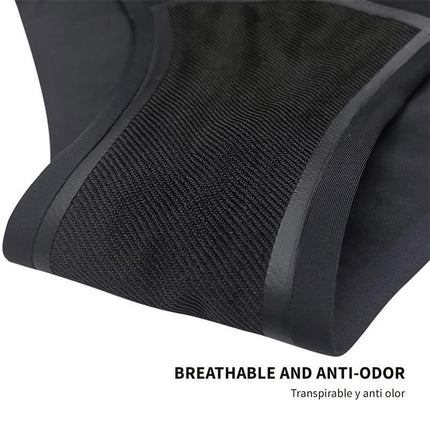Close-up of breathable and anti-odor feature on Ocean Menstrual Panty Heavy, showcasing black fabric layers for comfort and protection.