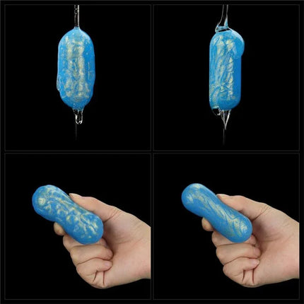 Blue textured soap being held and lathered in hands, showing its cleaning effectiveness and design.