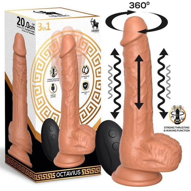 Octavius Dildo with Thrusting, 360º Waving and Vibrating 7.8 - 20 cm displayed with packaging and remote control