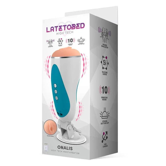 Onalis High Tech Masturbator Moan and Vibrator System USB packaging displaying features and design.