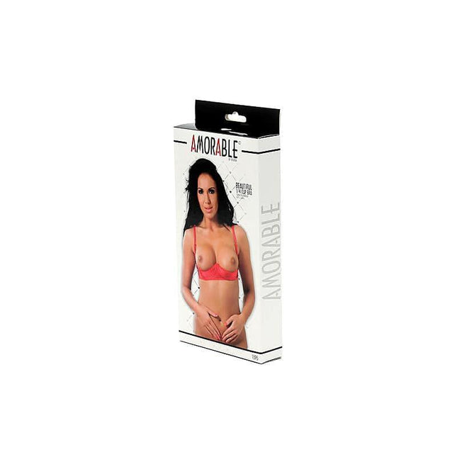 Open Bra Red packaging featuring a model wearing a red satin 1/4 cup open-cup bra, highlighting design and material details.