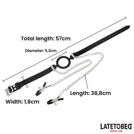 Open Mouth Gag with Nipple Clamps featuring adjustable strap and coated nipple covers by Latetobed BDSM collection