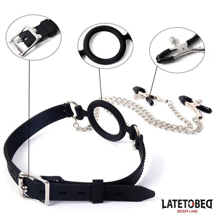 Open Mouth Gag with Nipple Clamps from Latetobed BDSM collection featuring adjustable strap and coated nipple covers for enhanced play.