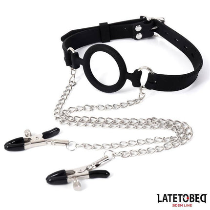 Open Mouth Gag with Nipple Clamps from Latetobed BDSM collection, featuring adjustable strap and coated nipple covers.