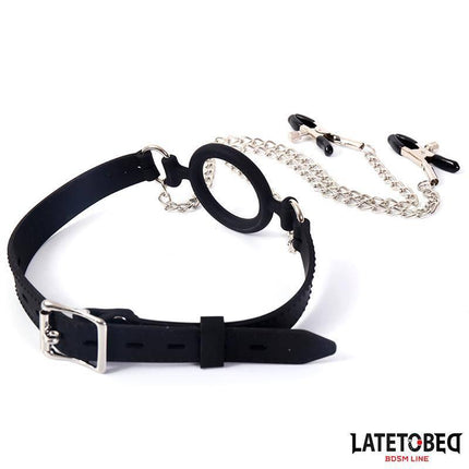 Open Mouth Gag with Nipple Clamps from Latetobed BDSM collection featuring adjustable strap and coated nipple covers.