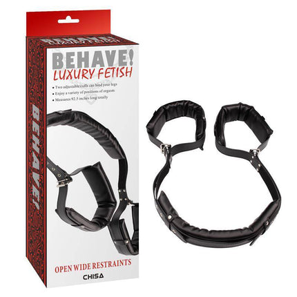 Open Wide Restraints packaging and product with adjustable design and black padded cuffs.