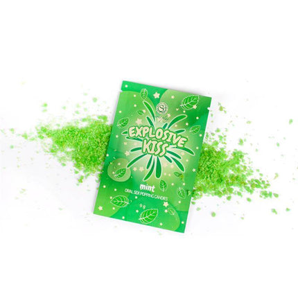 Oral Sex Popping Candies 1 Sachet Mint Flavor in green packaging with scattered candy visible.