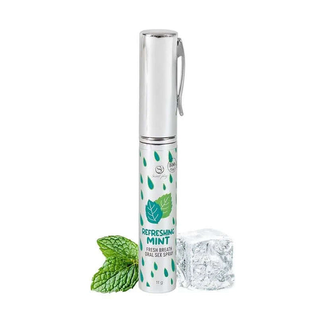 Oral Sex Spray Fresh Breath Mint 11g with mint leaves and ice cube