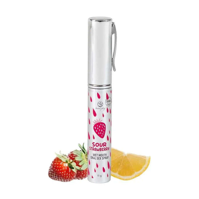 Oral Sex Spray Wet Mouth Strawberry Sour 11g next to strawberries and lemon slice
