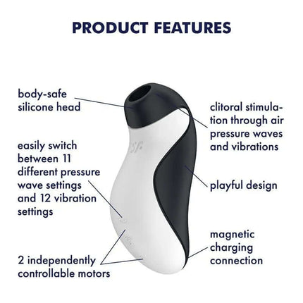Orca Clítoris Sucker Double Air Pulse with body-safe silicone, 11 pressure waves, 12 vibrations, and magnetic charging.