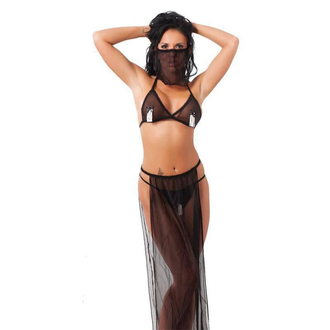 Oriental Costume Black One Size belly dancer ensemble with sheer black fabric and universal fit, perfect for themed events and parties.