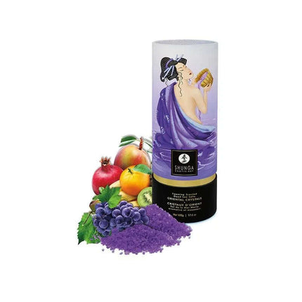 Oriental Crystals Bath Salts Exotic Fruits with lilac-colored salts and exotic fruit accents.