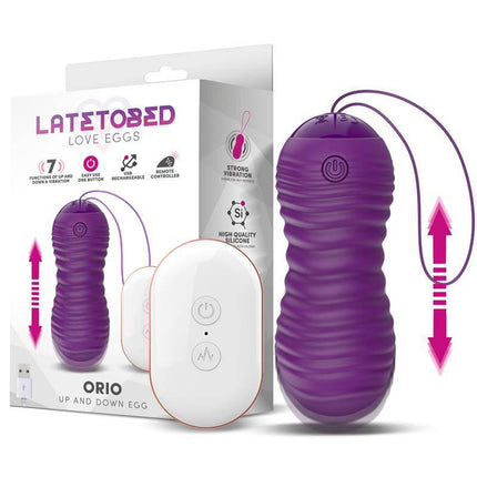 Orio Huevo Vibrating and Telescopic Up and Down Movement Remot Control Purple with wireless remote next to packaging box.
