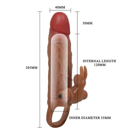 Osmar Penis Sleeve with Vibration, detailed measurements and external features, enhancing size and pleasure with 10 vibration functions.