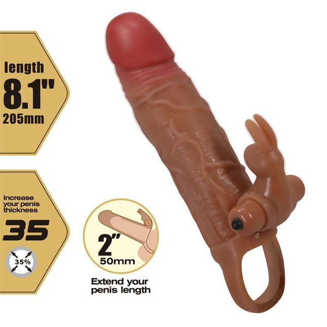 Osmar Penis Sleeve with Vibration showing length increase and additional features for enhanced pleasure.