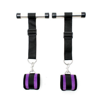 Over the Doof Cuffs Set Purple door restraint kit with adjustable straps and bold design for intimate play.