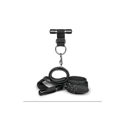 Over the Door Wrist Cuffs in black faux leather with soft foam padding, designed for comfortable and secure restraint.