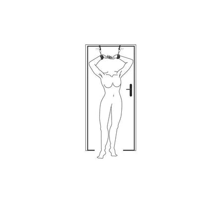 Illustration of Over the Door Wrist Cuffs in use, demonstrating secure restraint on a door for playful bondage.