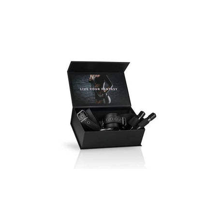 Open box displaying Over the Door Wrist Cuffs with foam interior and faux leather for comfortable bondage play.