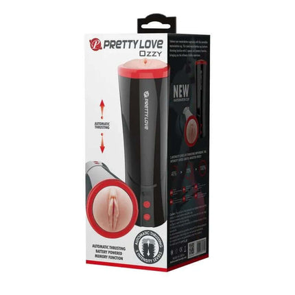 Ozzy Masturbator Thrusting Movement - Up and Down product packaging showcasing realistic vagina-shaped design and features.