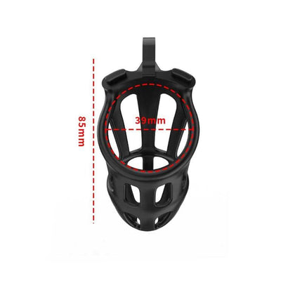 P-Cage PC02 Penis Cage 3 Sizes showing dimensions in black ABS material.