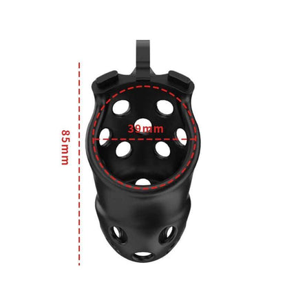 P-Cage PC03 Penis Cage 3 Size in black ABS material with ventilation holes, 85mm length, 39mm internal diameter, for comfort and durability.