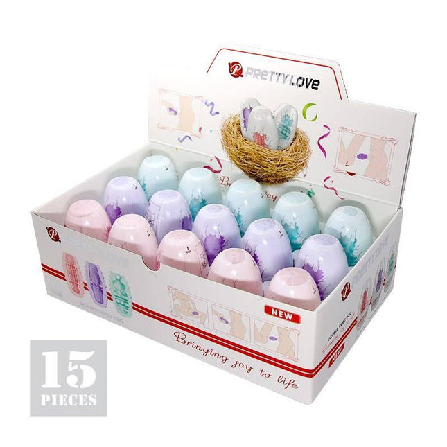 Pack 15 Pieces Double Sided Masturbator Egg set in display box with assorted colors and textures.