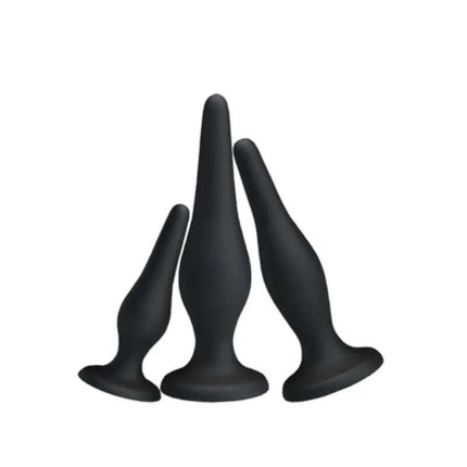Pack 3 Butt Plug Mini Anal Kit three black silicone plugs in varying sizes for progressive use