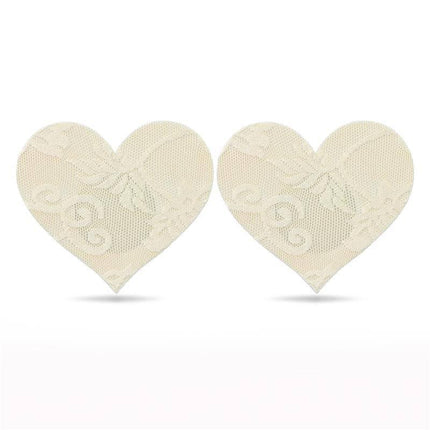 Pack Nipple Covers Flower and Heart Beige lace heart-shaped design for discreet coverage, suitable for most skin tones.