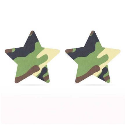 Pack Nipple Covers Star and Heart Camouflage star-shaped satin covers in camouflage hue providing decorative coverage.