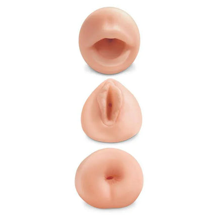 Pack of 3 Masturbators showing lifelike mouth, vagina, and anus tunnels for realistic sensations, ideal for solo or couples play.