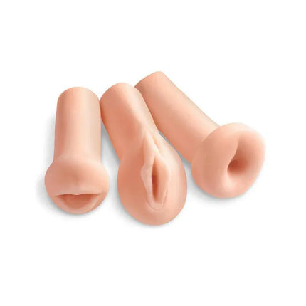 Pack of 3 Masturbators featuring mouth, vagina, and anus tunnels made from lifelike FantaFlesh material.