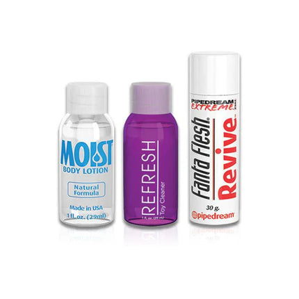 Moist body lotion, Refresh toy cleaner, and Fanta Flesh Revive cream packaging.