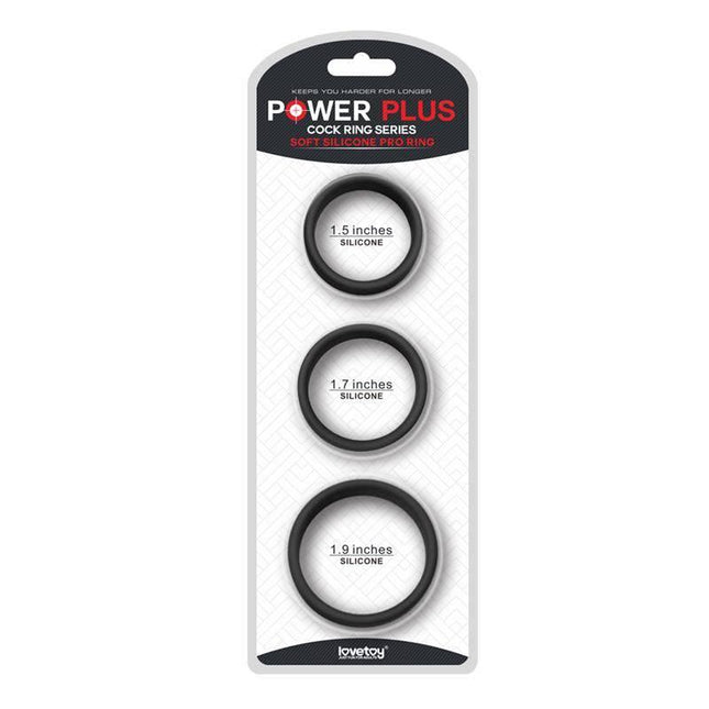 Pack of 3 Penis Ring Power Ring Black in packaging with size options.