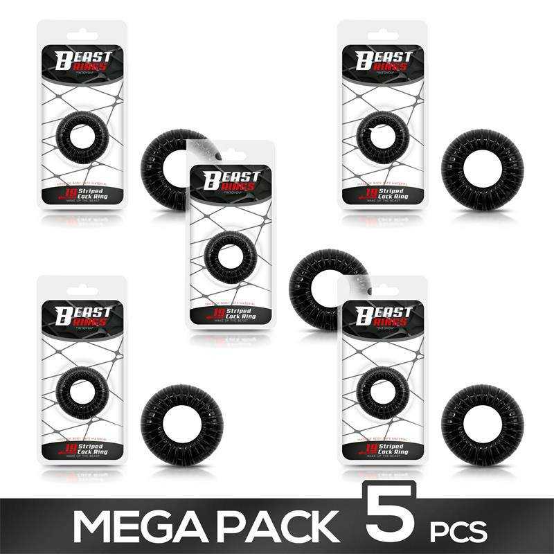 Pack of 5 Cock Ring Super Flexible and Resistant Striped 1.9 cm Black - secretsextoys.store