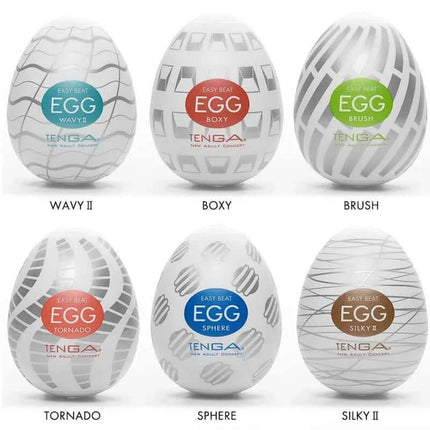 Pack of 6 Tenga Eggs Standard Package with assorted textures including Wavy, Boxy, Brush, Tornado, Sphere, and Silky