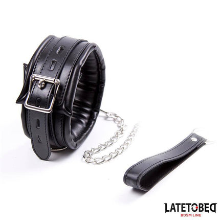 Black padded collar with leash for bondage, adjustable neck size, featuring chain leash and comfort padding, product Padded Collar with Leash.