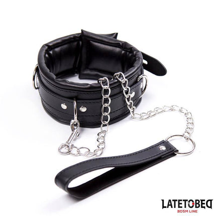 Padded Collar with Leash in black, adjustable 36.5-50 cm, 65 cm leash, consent-forward bondage accessory for couples.