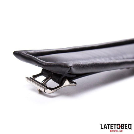 Close-up of black Padded Collar with Leash showing metal buckle, ideal for consent-forward bondage play.