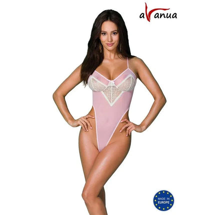 Model wearing Pamela Body Pink, delicate pink tulle body with white lace and bows, adjustable straps, available in S/M, L/XL, XXL/XXXL.