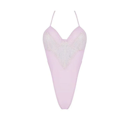 Pamela Body Pink in delicate pink tulle with white lace and small bows, available in multiple sizes with adjustable straps and non-discoloring back closure.